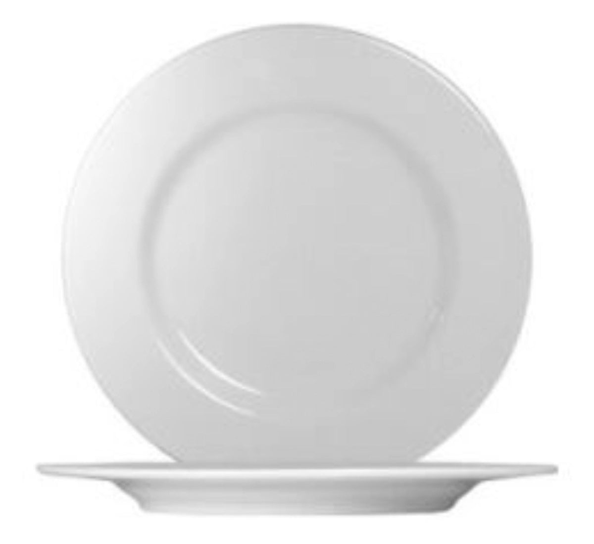 Flacher weisser Teller mit Fahne der Serie Ischia von Saturnia, Durchmesser 31 cm, klassische runde Form für den gedeckten Tisch.
