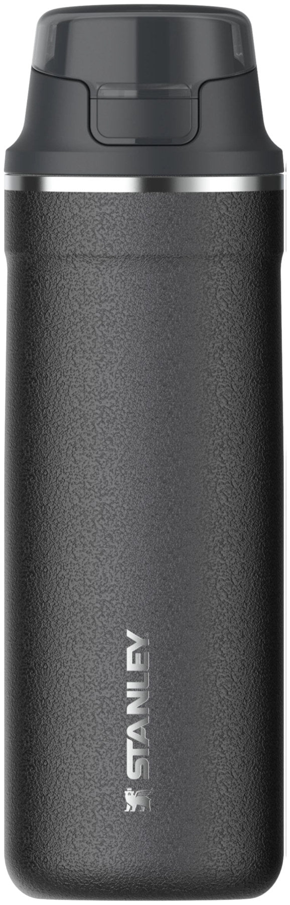 Schwarze Thermosflasche Stanley District Pulse Mug 0.47l mit strukturierter Hammertone-Oberfläche und Schraubverschluss in Frontalansicht.