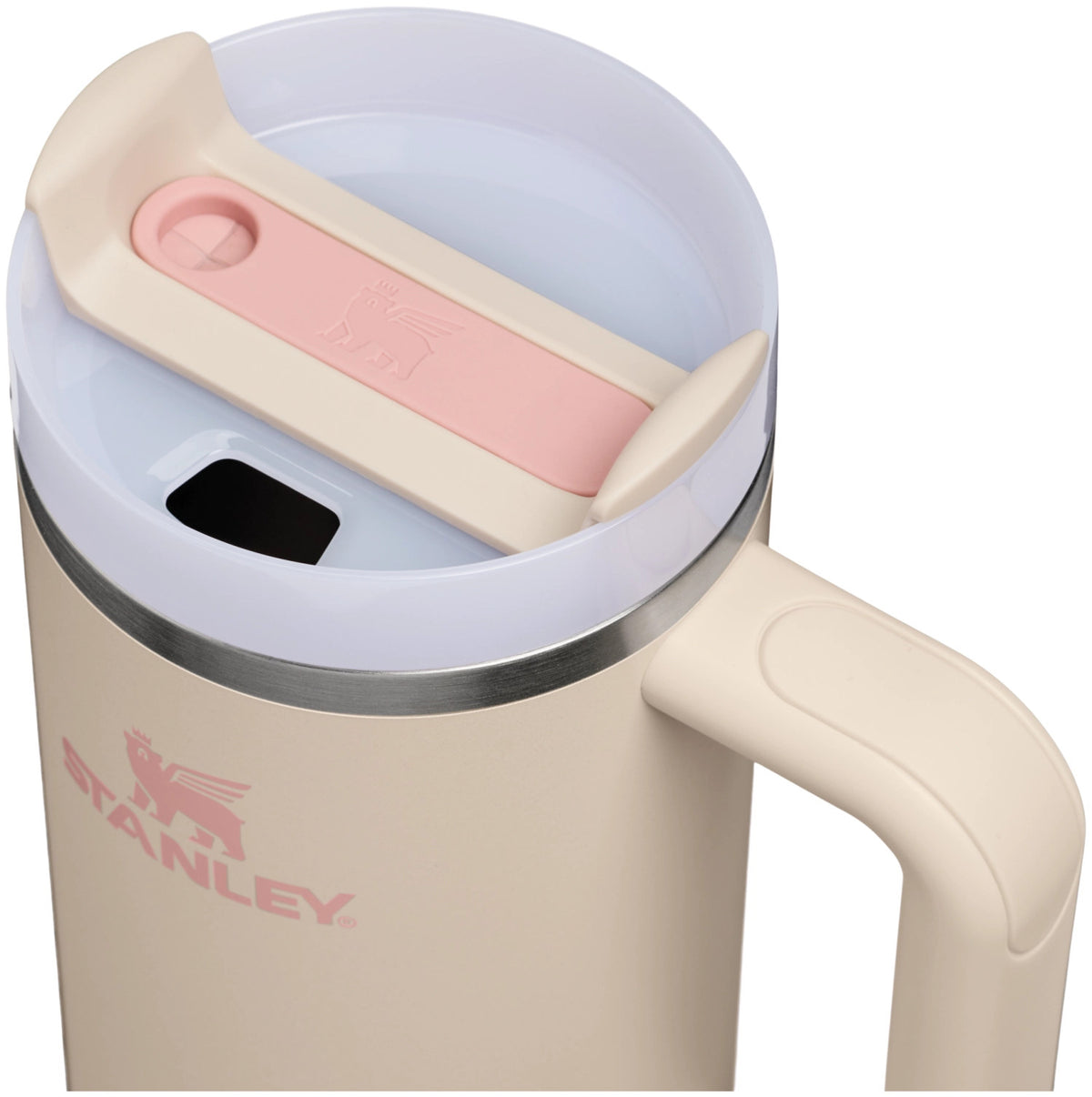 Stanley Quencher FlowState Thermosflasche in Beige (Champagne), zylindrische Form, Masse 9 x 13.8 x 28 cm.