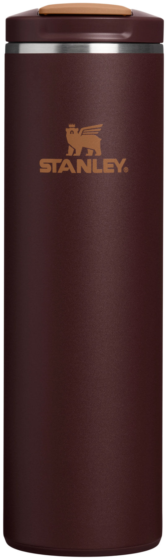 Braune Stanley Thermosflasche Transit Fliptop Becher in der Farbe coffee, hochformatig und schlank