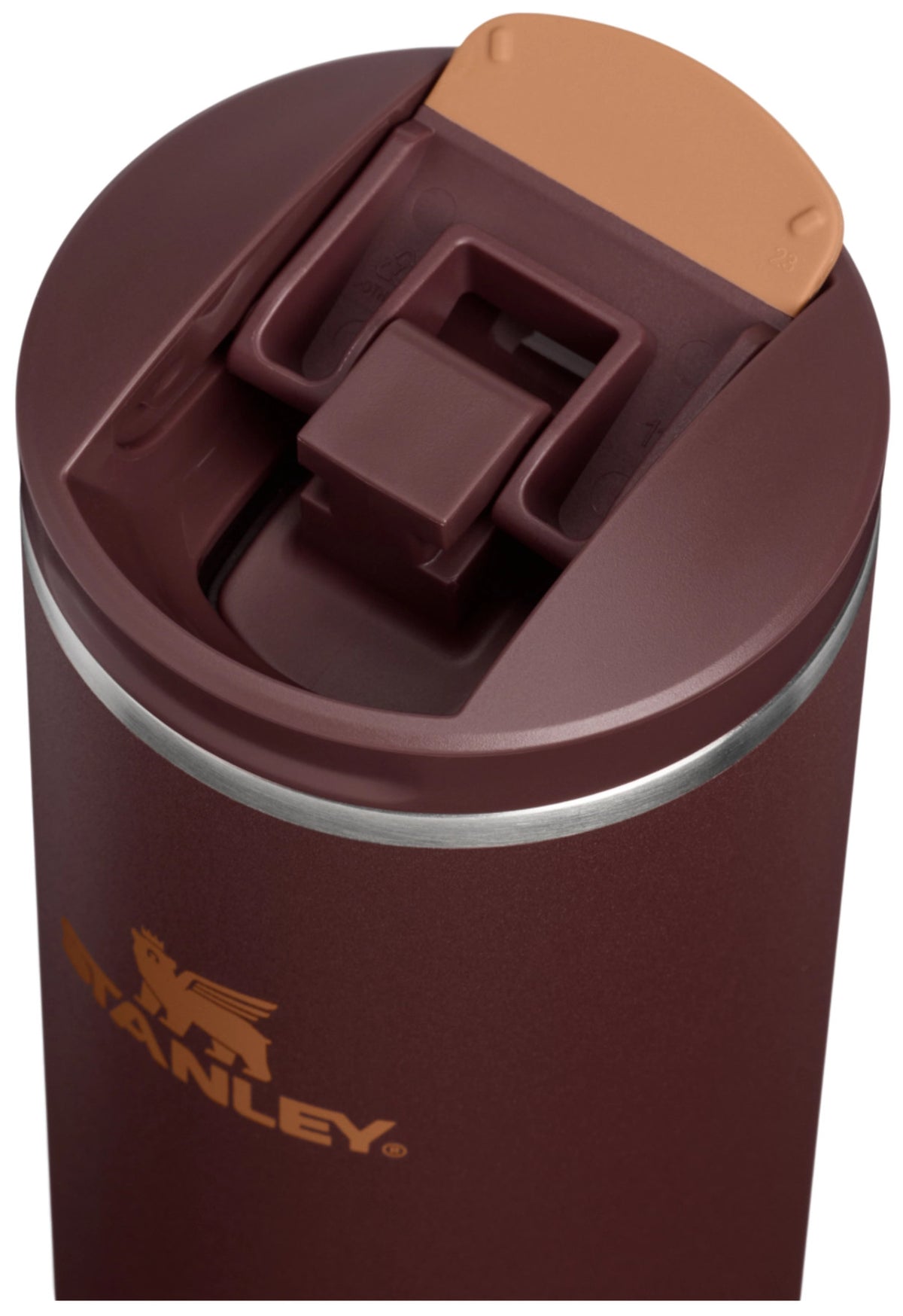 Brauner Stanley Transit FlipTop Becher coffee, schlanke Thermosflasche in Becherform