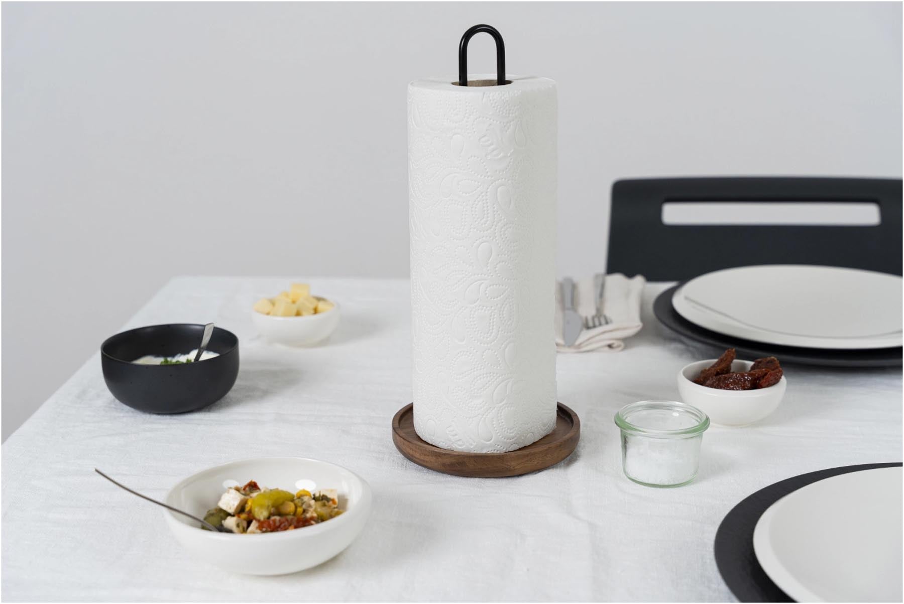 Eleganter Küchenrollenhalter aus Akazienholz, ideal für die stilvolle Aufbewahrung von Küchenrollen. Praktisch und dekorativ für jede Küche.