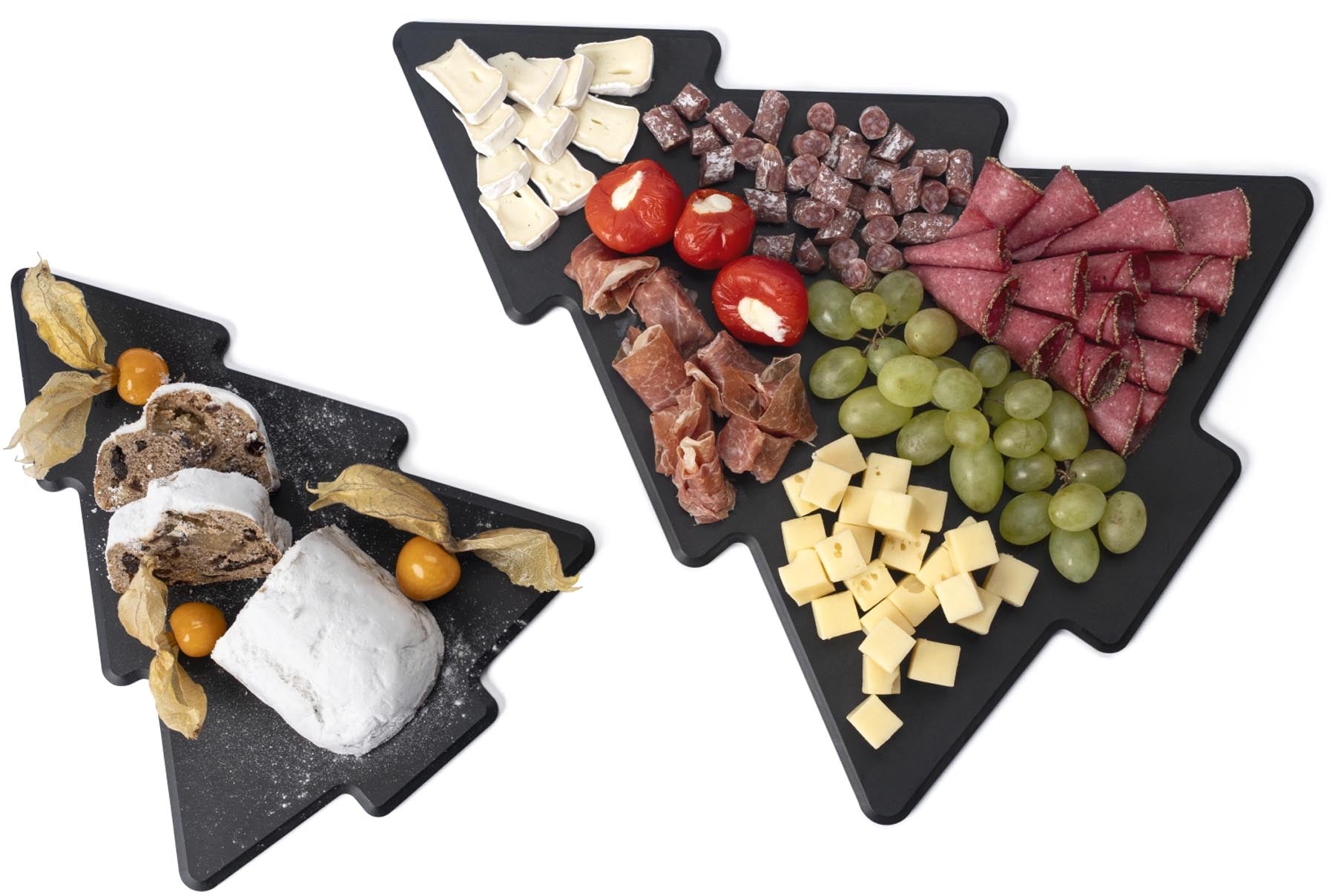 Schwarzes Tannenbaum-Servierbrett aus robustem Duracore, perfekt für festliche Anlässe und kreative Präsentationen von Snacks und Leckereien.