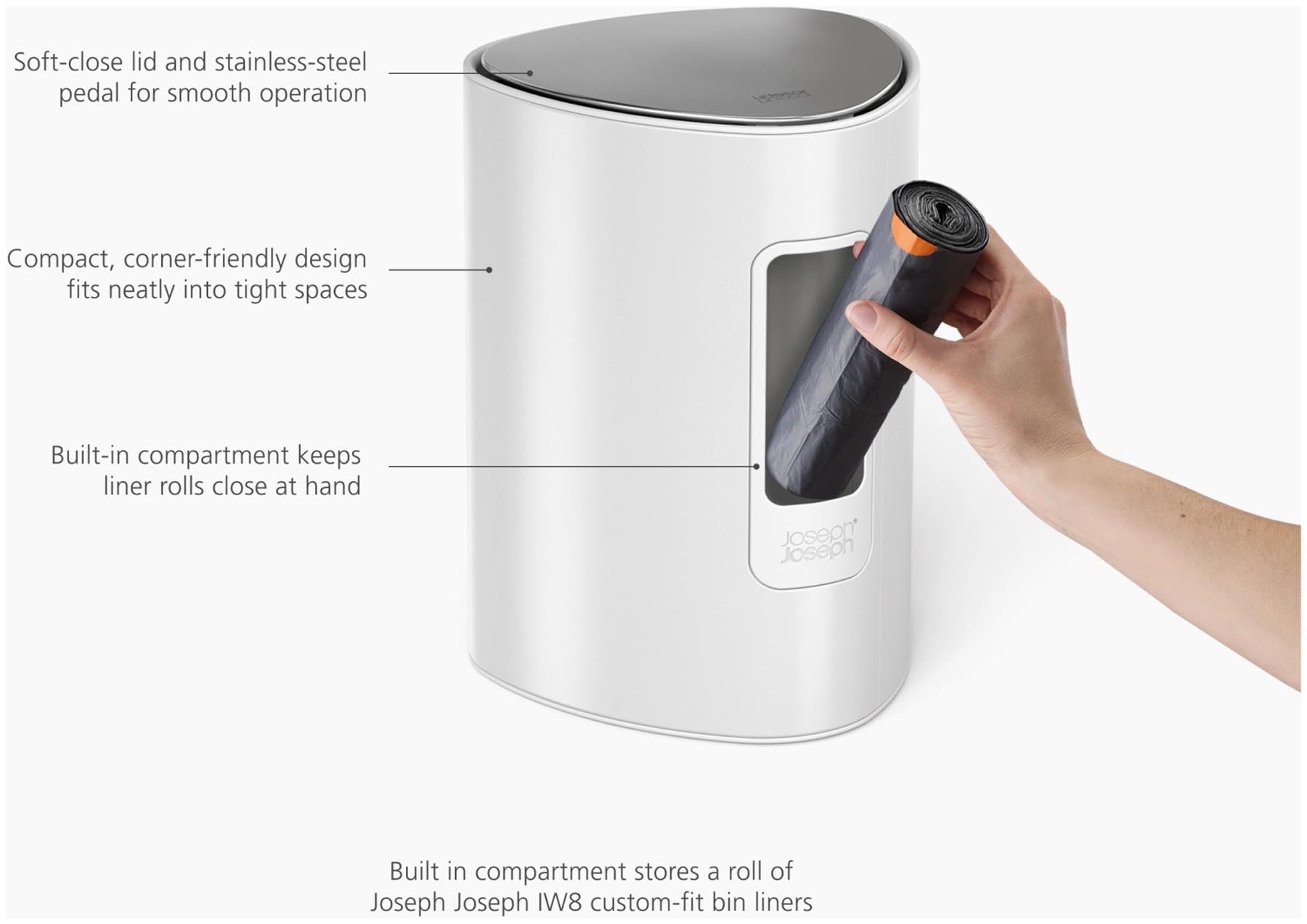 Eleganter EasyStore 5L Treteimer in Weiß von Joseph Joseph, ideal für Badezimmer und vielseitige Nutzung. Praktisches Design für müheloses Entsorgen.