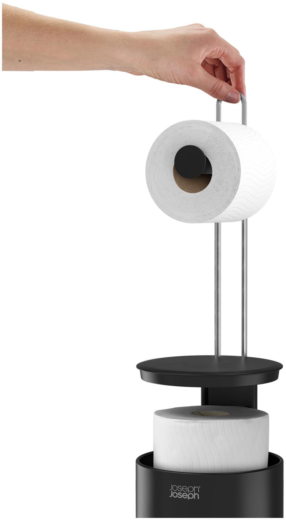 Stylischer Toilettenpapierhalter in Schwarz von Joseph Joseph, der praktischen Komfort und zeitgemäße Ästhetik für Ihr Bad bietet.