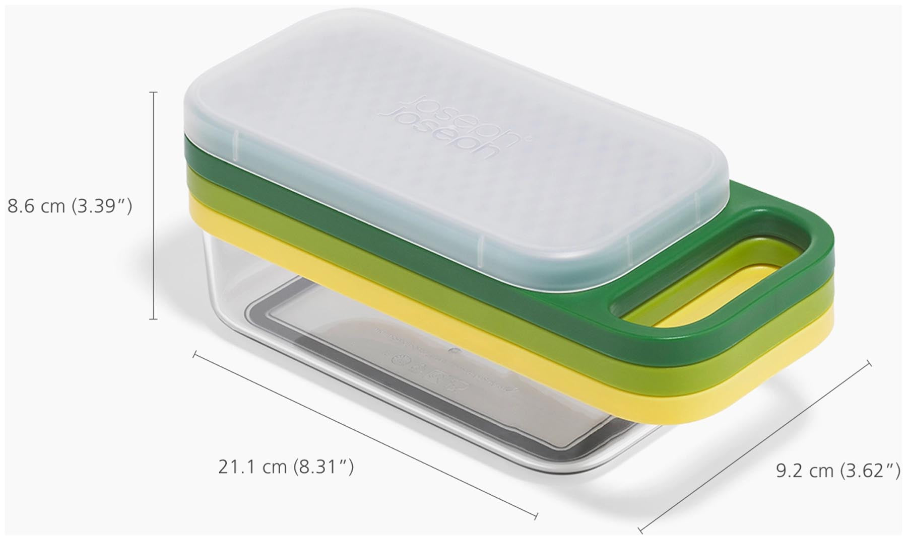 Praktisches 3-in-1 Reibenset von Joseph Joseph, ideal zum Reiben, Raffeln und Aufbewahren, mit modernem und kompaktem Design.