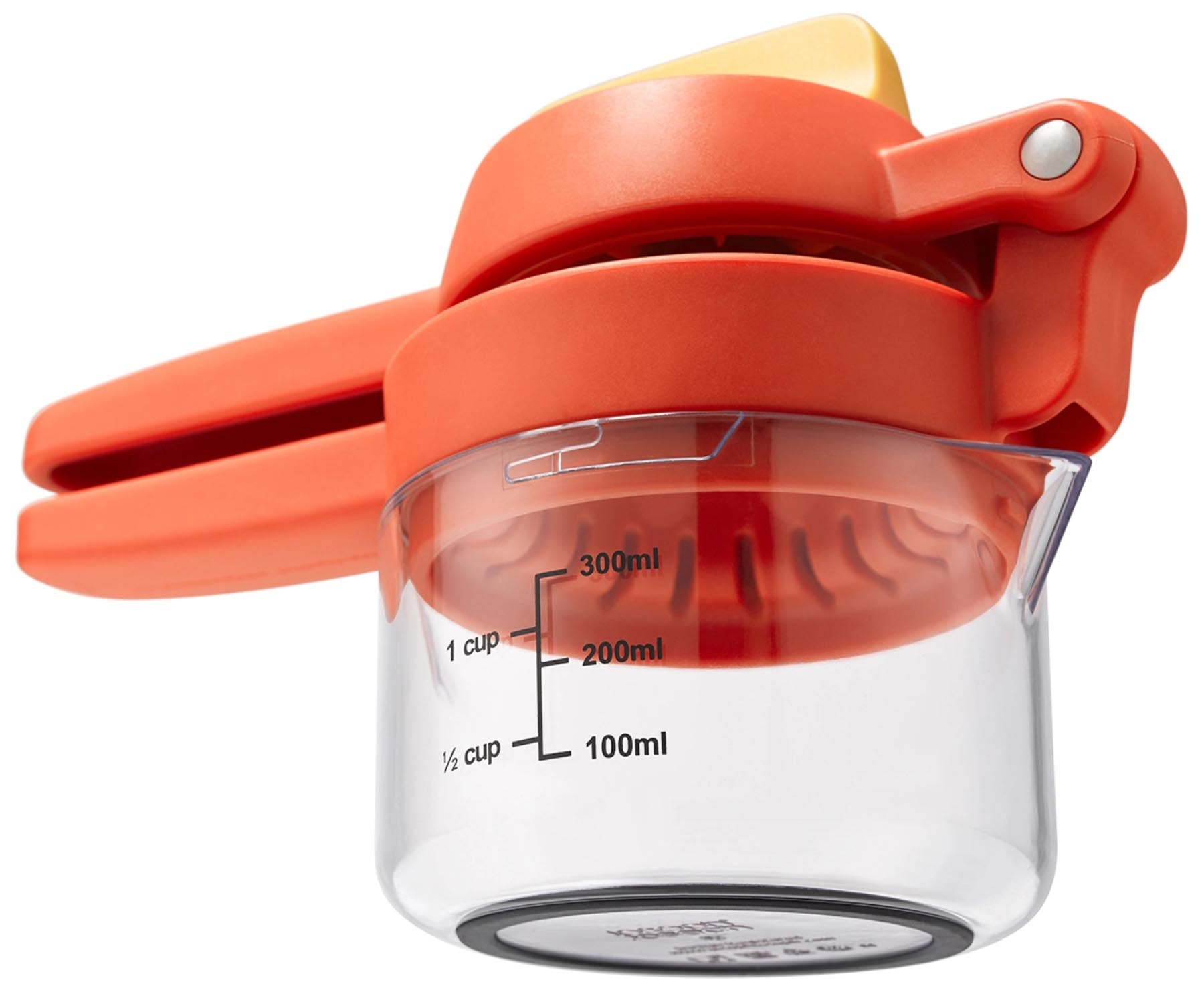 Die JuiceMax Plus Citrus Presse in leuchtendem Orange von Joseph Joseph, ideal für müheloses Auspressen von Zitrusfrüchten.