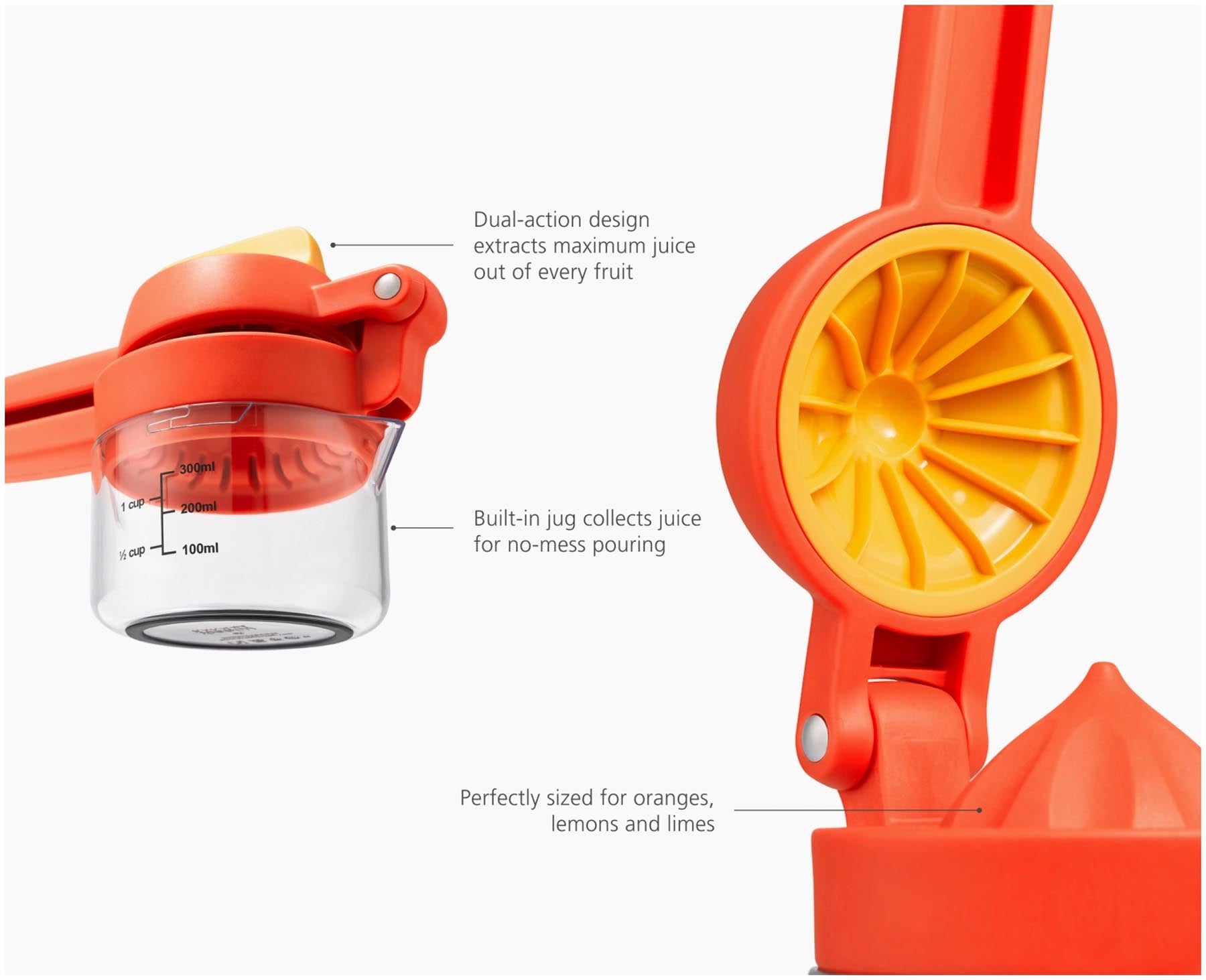 Die JuiceMax Plus Citrus Presse in lebhaftem Orange von Joseph Joseph, ideal für müheloses Auspressen von Zitrusfrüchten.