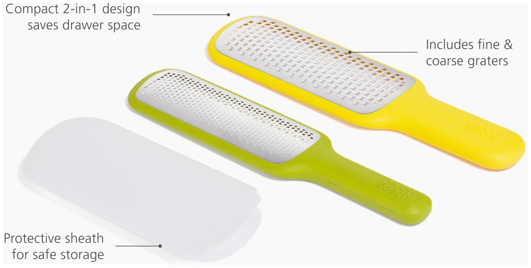 Zweites Set aus zwei stilvollen Reiben in grün und gelb, perfekt für das Zesten und Reiben von Lebensmitteln, ideal für jede Küche.