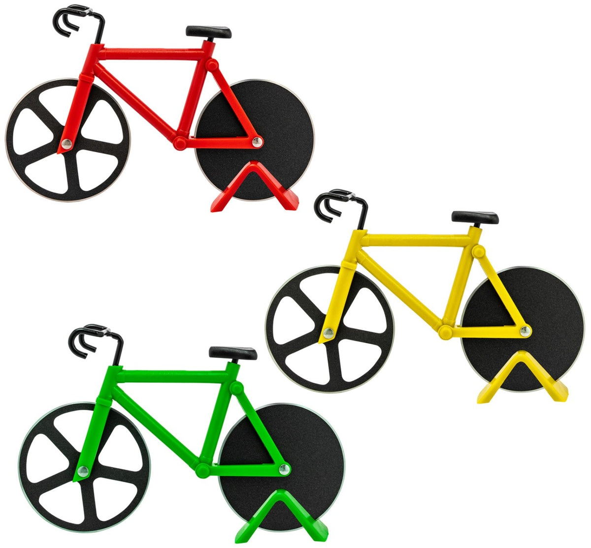 Graues Display mit neun Pizzaschneidern der Serie Fuentez von Westmark, Fahrrad-Form mit Rädern in Gelb, Grün und Rot, auf Ständer stehend.