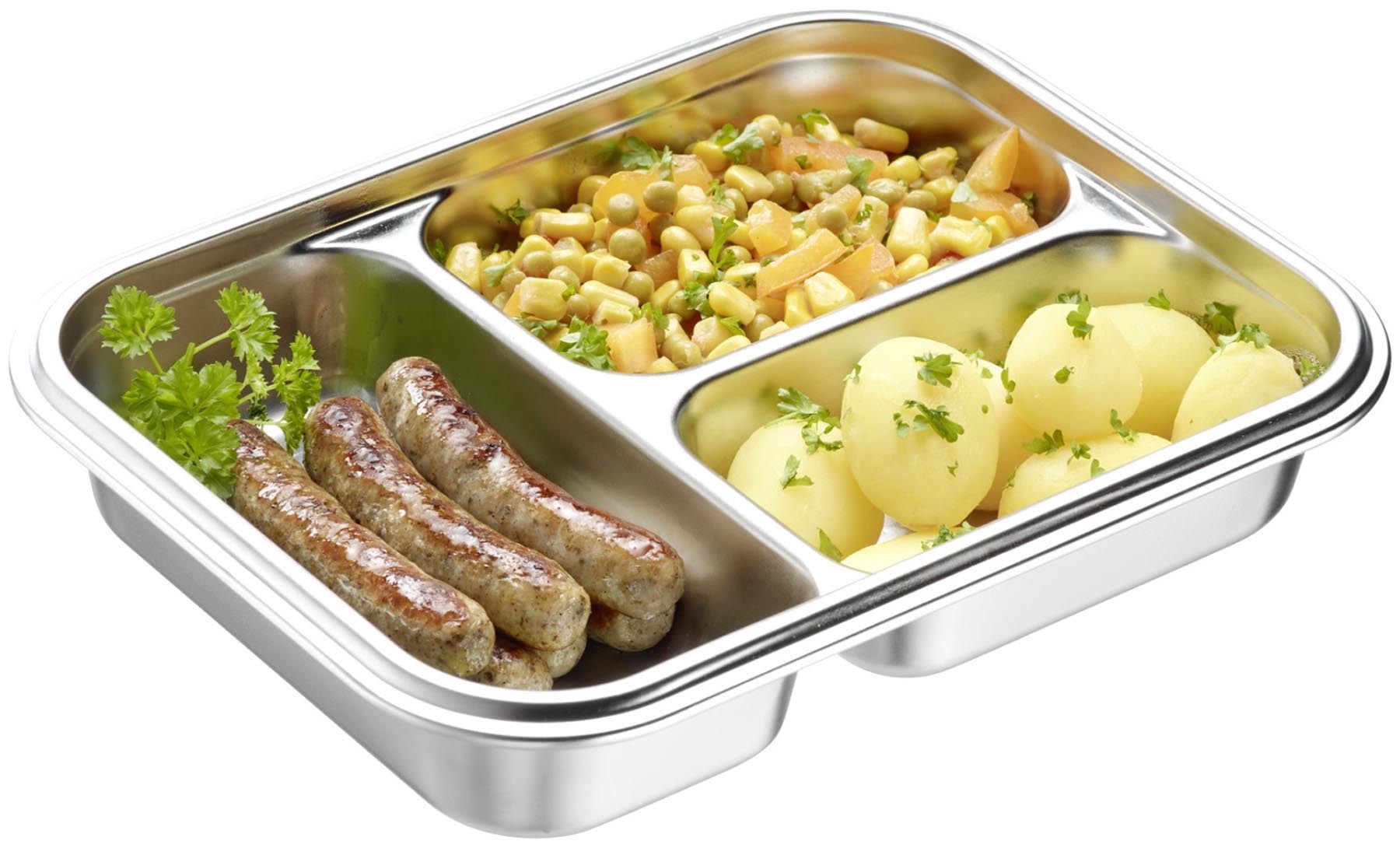 Edelstahl Lunch Box von Westmark, ideal für die Aufbewahrung von Mahlzeiten und Snacks, mit praktischen Fächern für eine vielseitige Nutzung.
