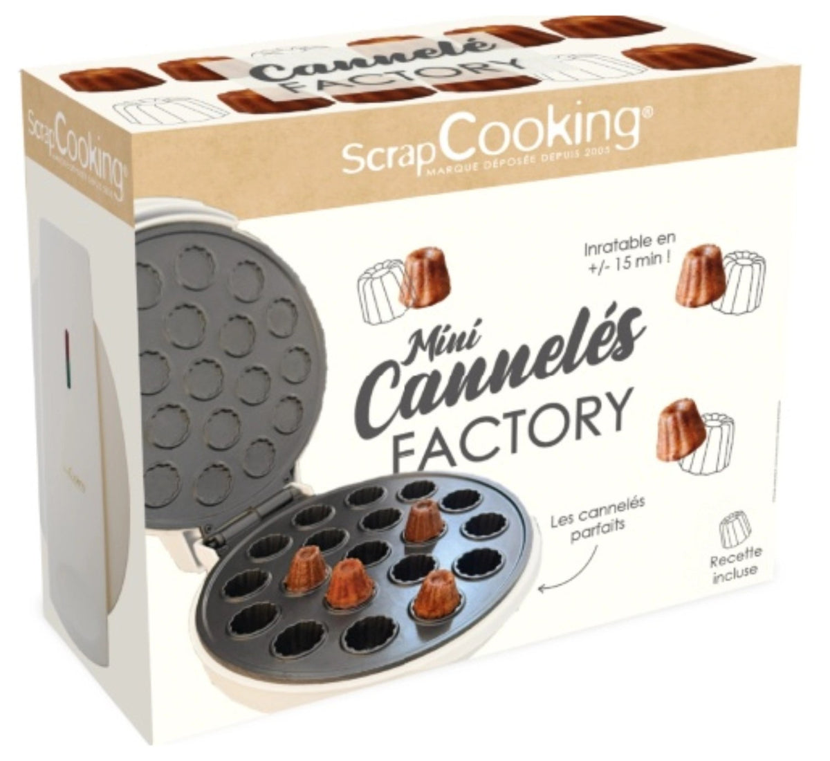 Weisses Küchengerät Mini-Cannelés-Factory von Scrap Cooking mit Backform-Struktur, Masse 25.5 x 20 x 9.5 cm, auf neutralem Hintergrund fotografiert.