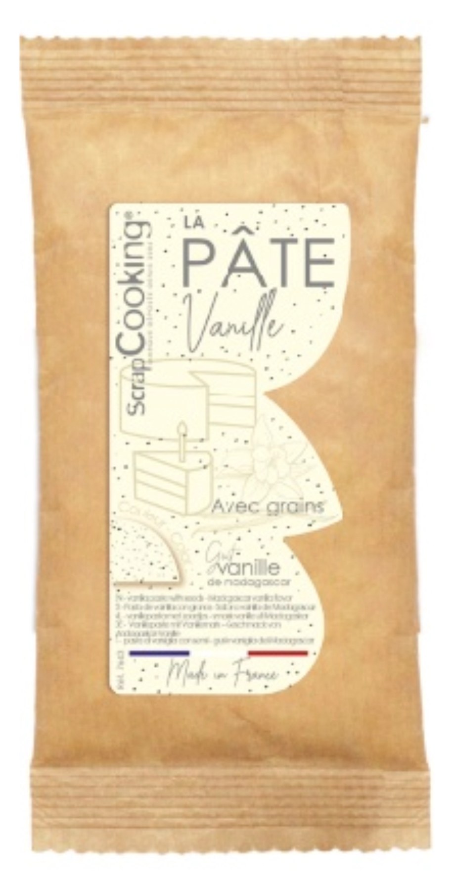 Braune Zuckerpaste Vanille 250g von Scrap Cooking in kompakter Verpackung, geeignet zum Formen und Verzieren von Backwaren.