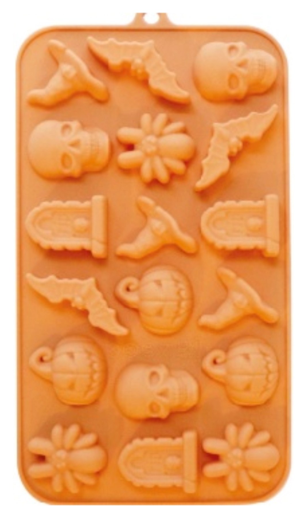 Orangene Silikon-Backform von Scrap Cooking mit Halloween-Motiven, Masse 20.5 x 11.4 x 1.5 cm, Artikelnummer 6717 des Herstellers.