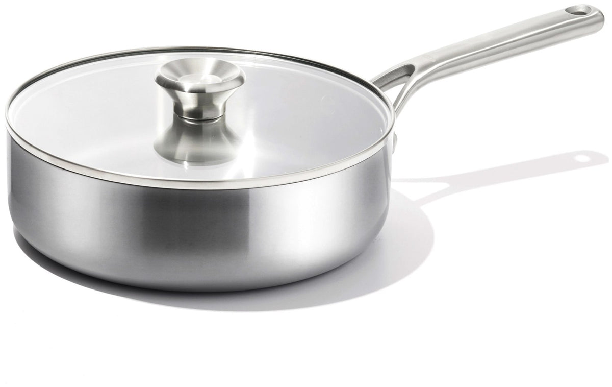 Edelstahl-Sautierpfanne mit gewölbtem Boden, zwei Griffen und passendem Deckel aus gehärtetem Glas, Durchmesser 24cm.