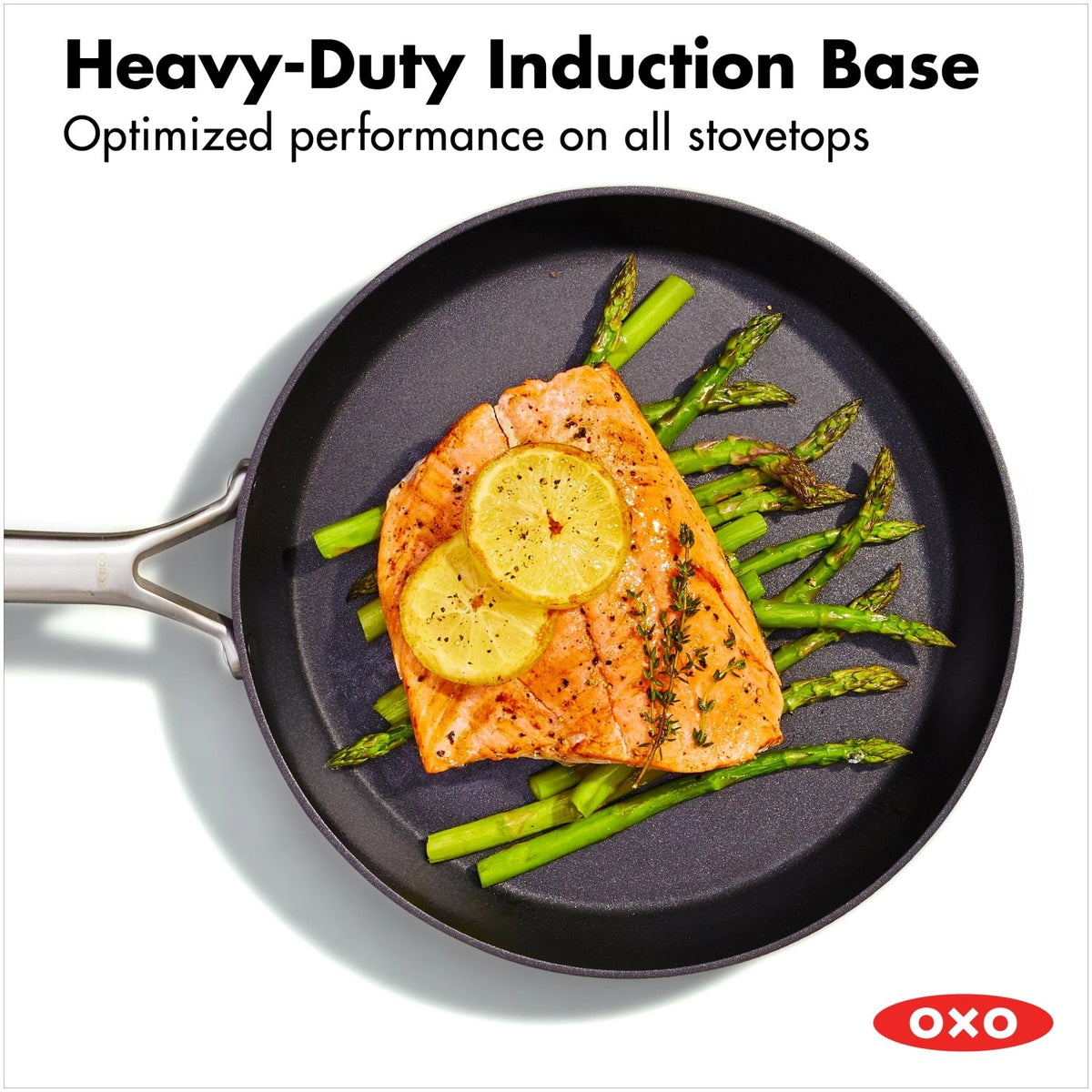 Schwarze Bratpfanne von OXO mit Keramikbeschichtung, hart-anodisiertem Aluminiumkörper und rundem Boden, Durchmesser 30 cm.