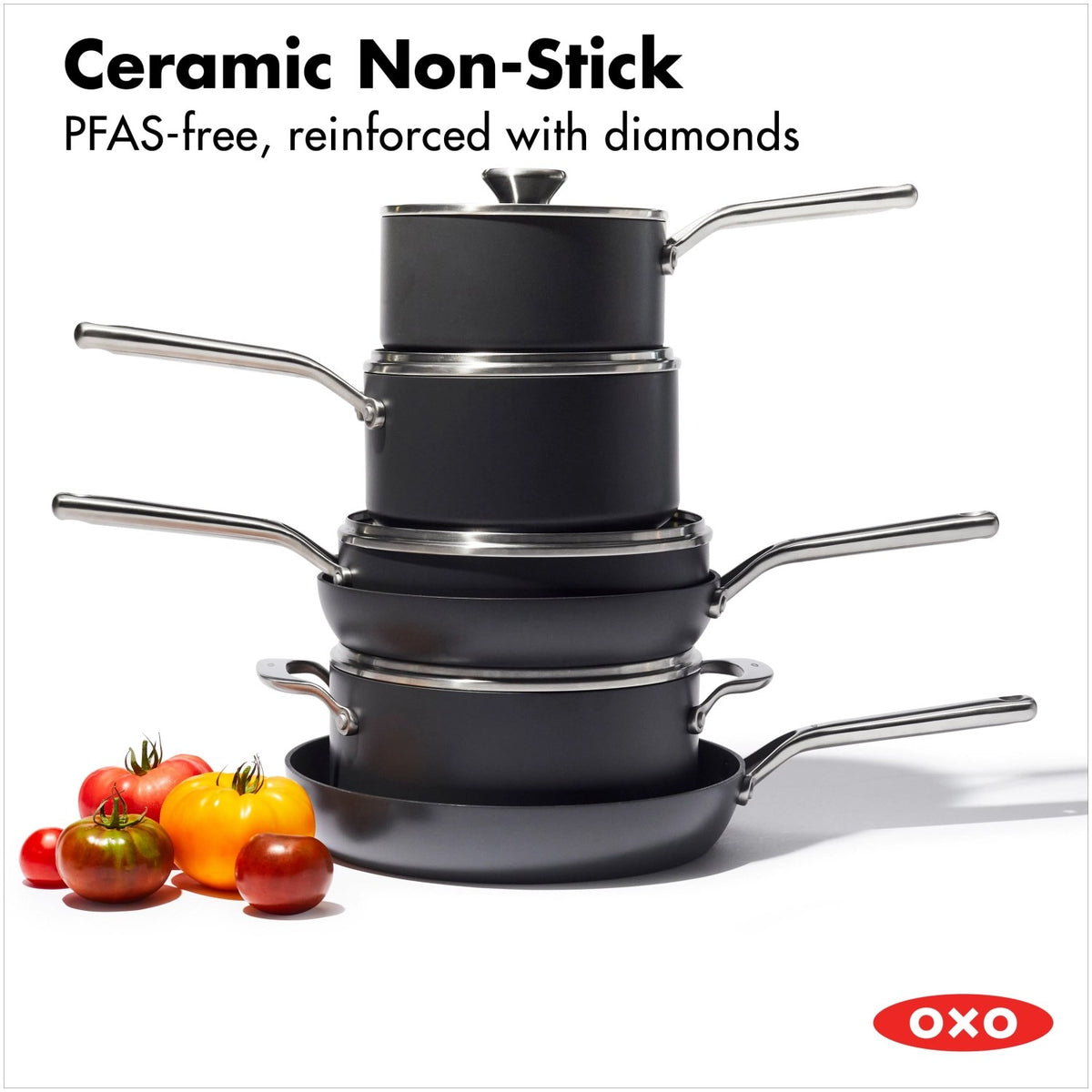 Zehnteiliges Kochgeschirrset von OXO in Anthrazit mit Glasdeckeln, hart-anodisierten Töpfen und Pfannen sowie Antihaftbeschichtung.