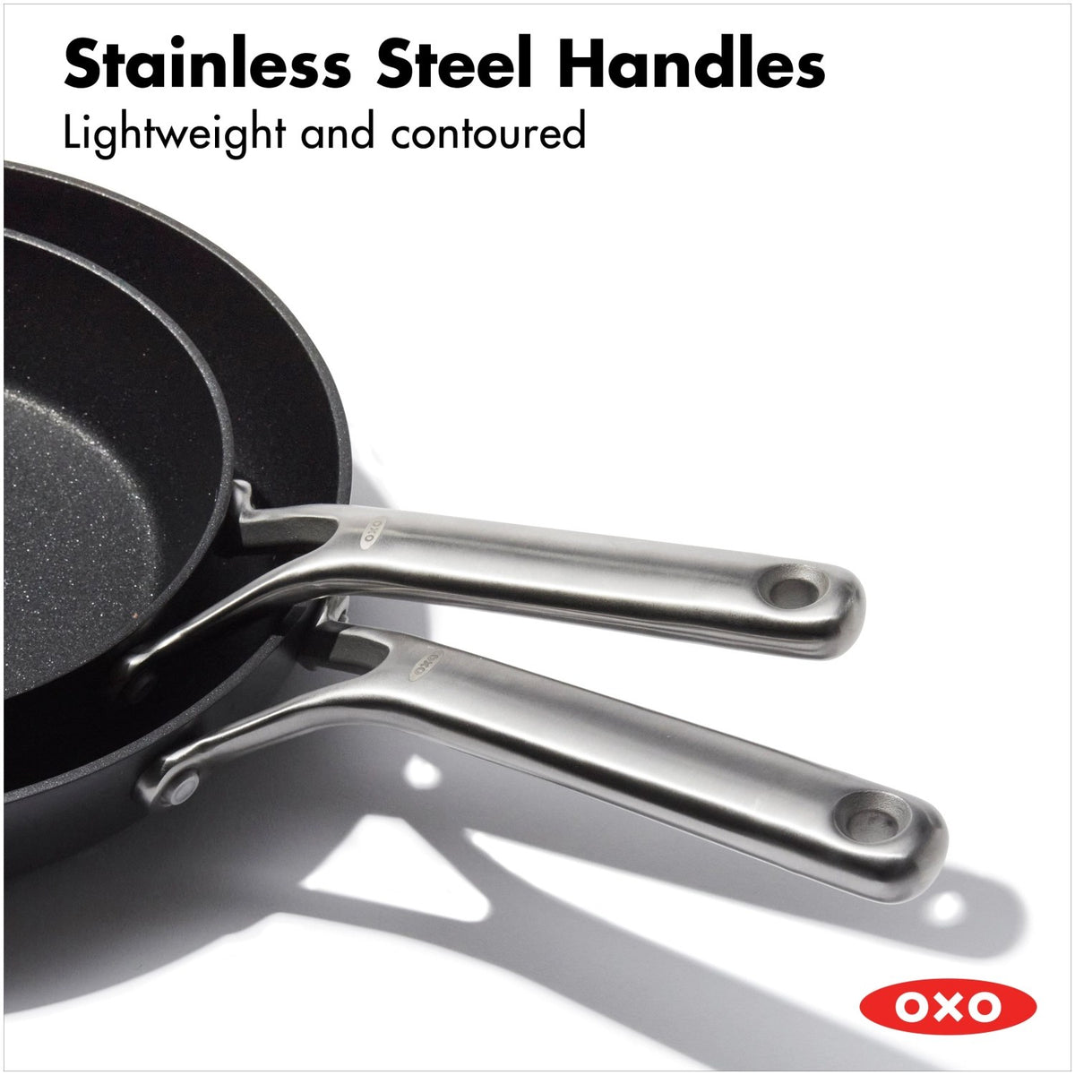 Zehnteiliges Kochgeschirrset von OXO in Anthrazit mit Glasdeckeln, hart-anodisierten Töpfen und Pfannen sowie Antihaftbeschichtung.