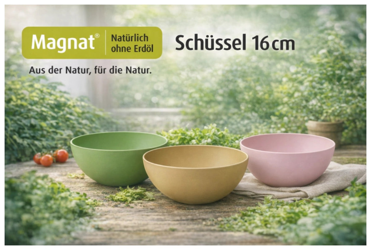 Grüne runde Schüssel aus Biopolymer, 16 x 16 x 7 cm, mit glatter Oberfläche und schlichter Form, Herstellerartikel 130062 von MAGU.