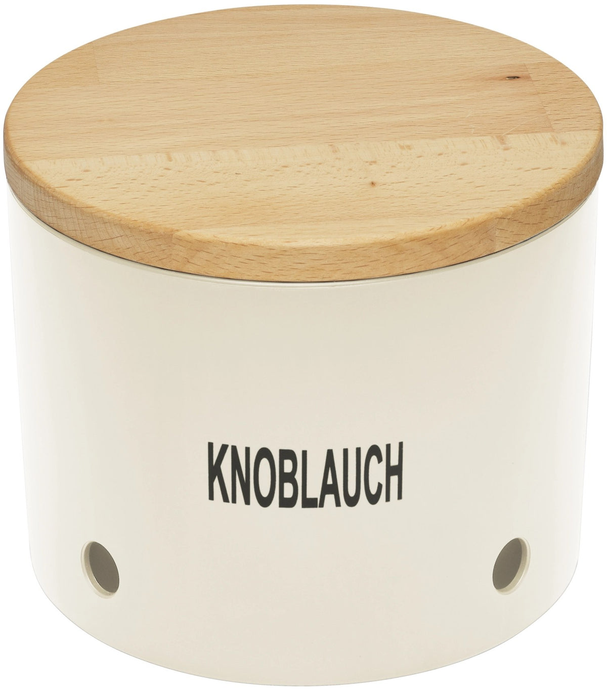 Weisser Knoblauchtopf aus Biopolymer mit Holzdeckel in Urban-Grey, kompakte runde Form, Masse 15.6x15.6x10.7cm, Aufbewahrungsbehälter für die Küche.
