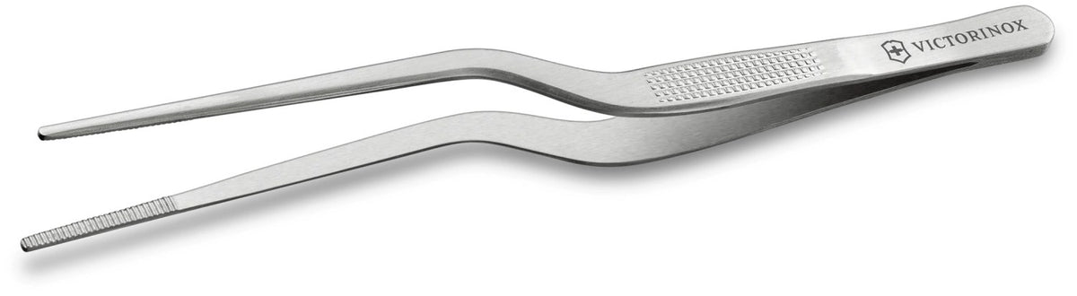 Silberne abgewinkelte Pinzette 16cm aus Edelstahl mit rutschfestem Griff, Küchenwerkzeug von Victorinox für präzise Handgriffe.