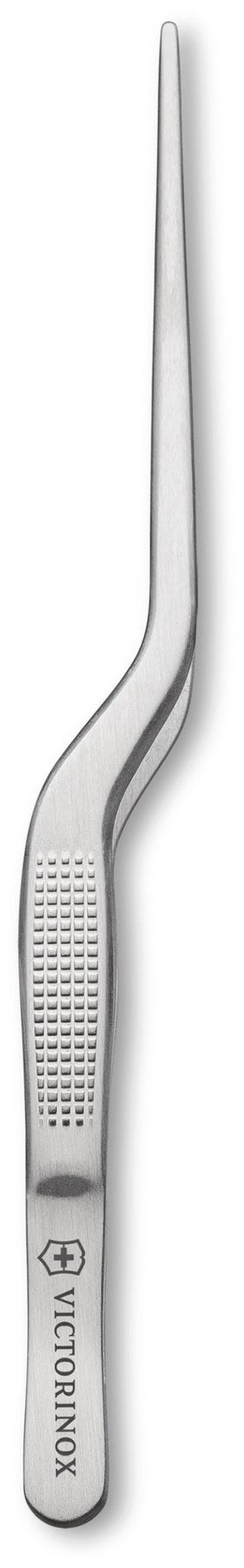 Silberne abgewinkelte Pinzette 16cm aus Edelstahl mit rutschfestem Griff, Küchenwerkzeug von Victorinox für präzise Handgriffe.