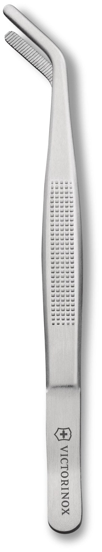 Silberne Victorinox Pinzette aus Edelstahl mit gebogener Form und rutschfestem Griff, Länge 15.6 cm, auf weissem Hintergrund fotografiert.