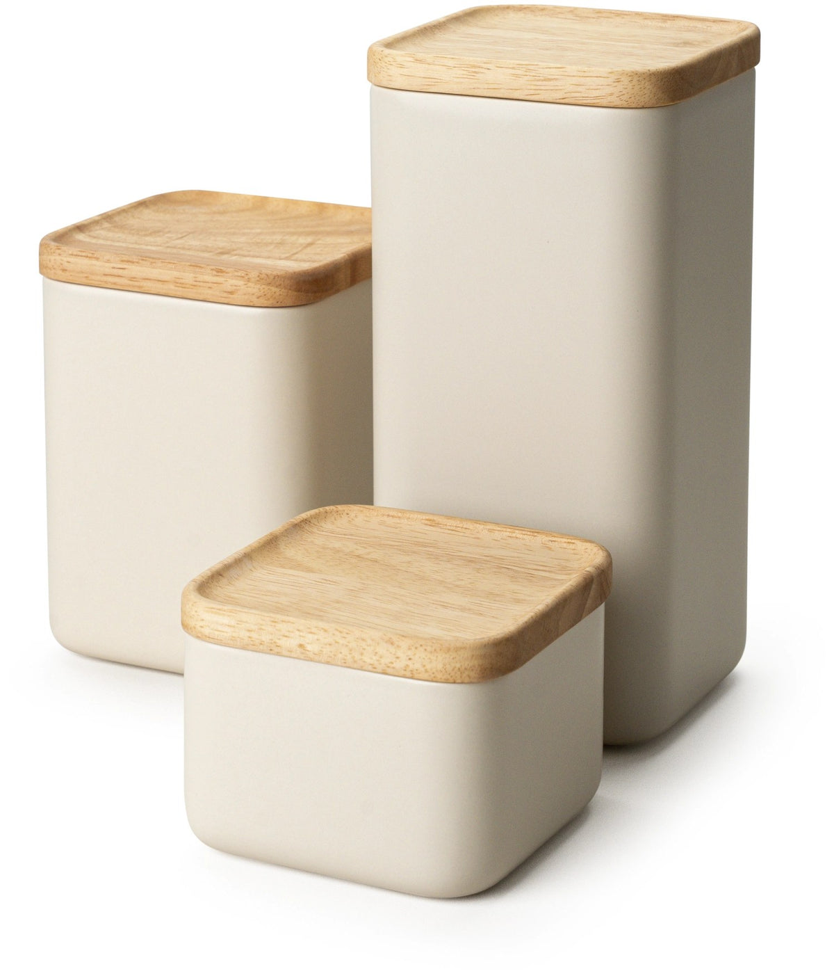 Beige Keramik Vorratsdose mit hellem Holzdeckel und Silikonring, quaderförmig mit abgerundeten Ecken, mattes Oberflächenfinish.