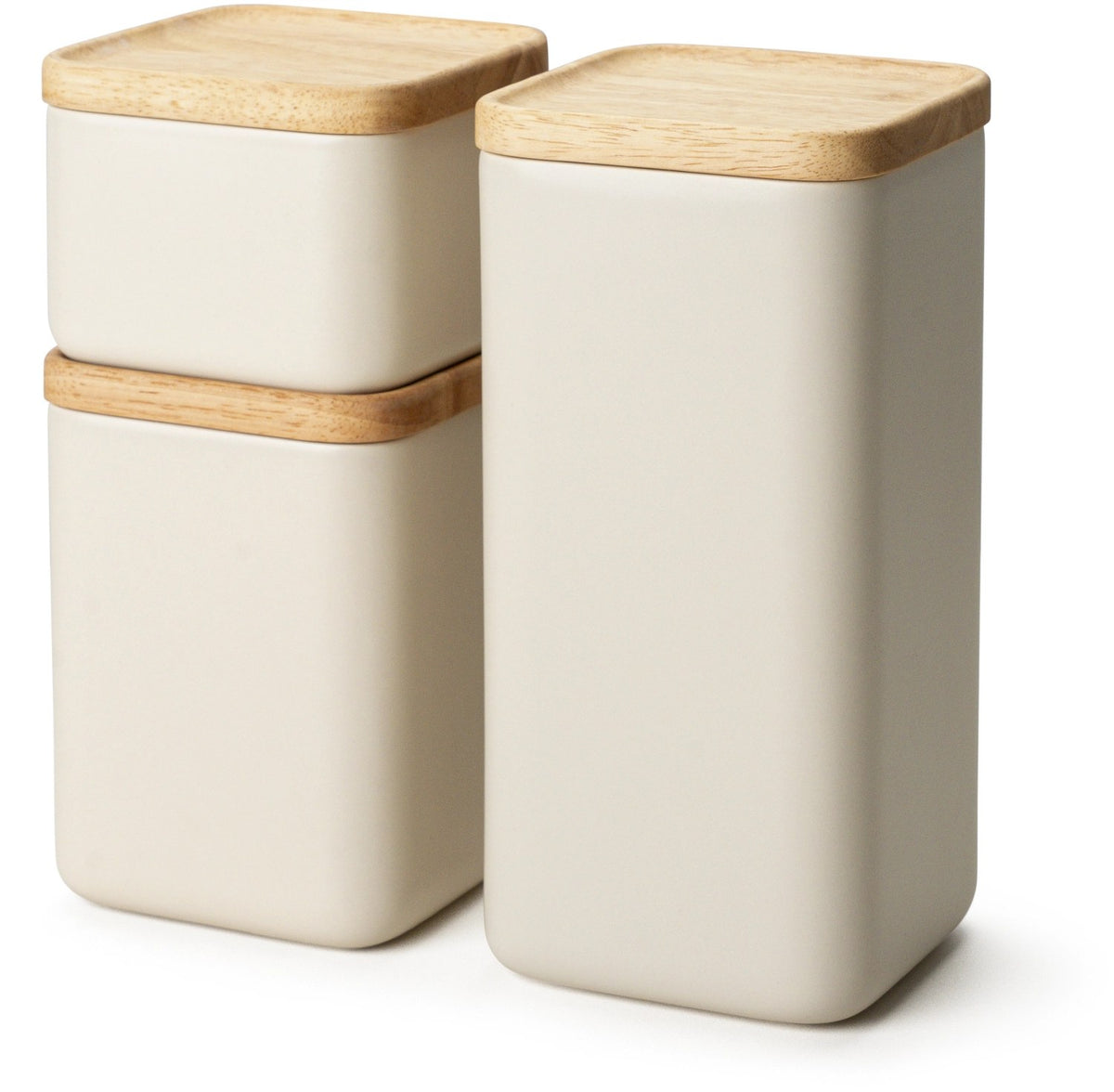 Beige Keramik Vorratsdose mit hellem Holzdeckel und Silikonring, quaderförmig mit abgerundeten Ecken, mattes Oberflächenfinish.