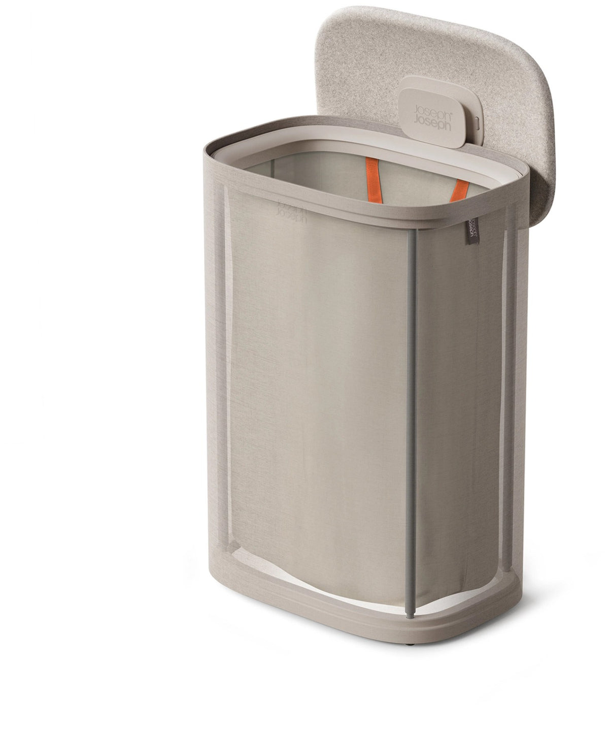 Beiger Wäschekorb Tota One 60l von Joseph Joseph mit abnehmbarem Filzdeckel, schlanker rechteckiger Form und herausnehmbarer Tragetasche.