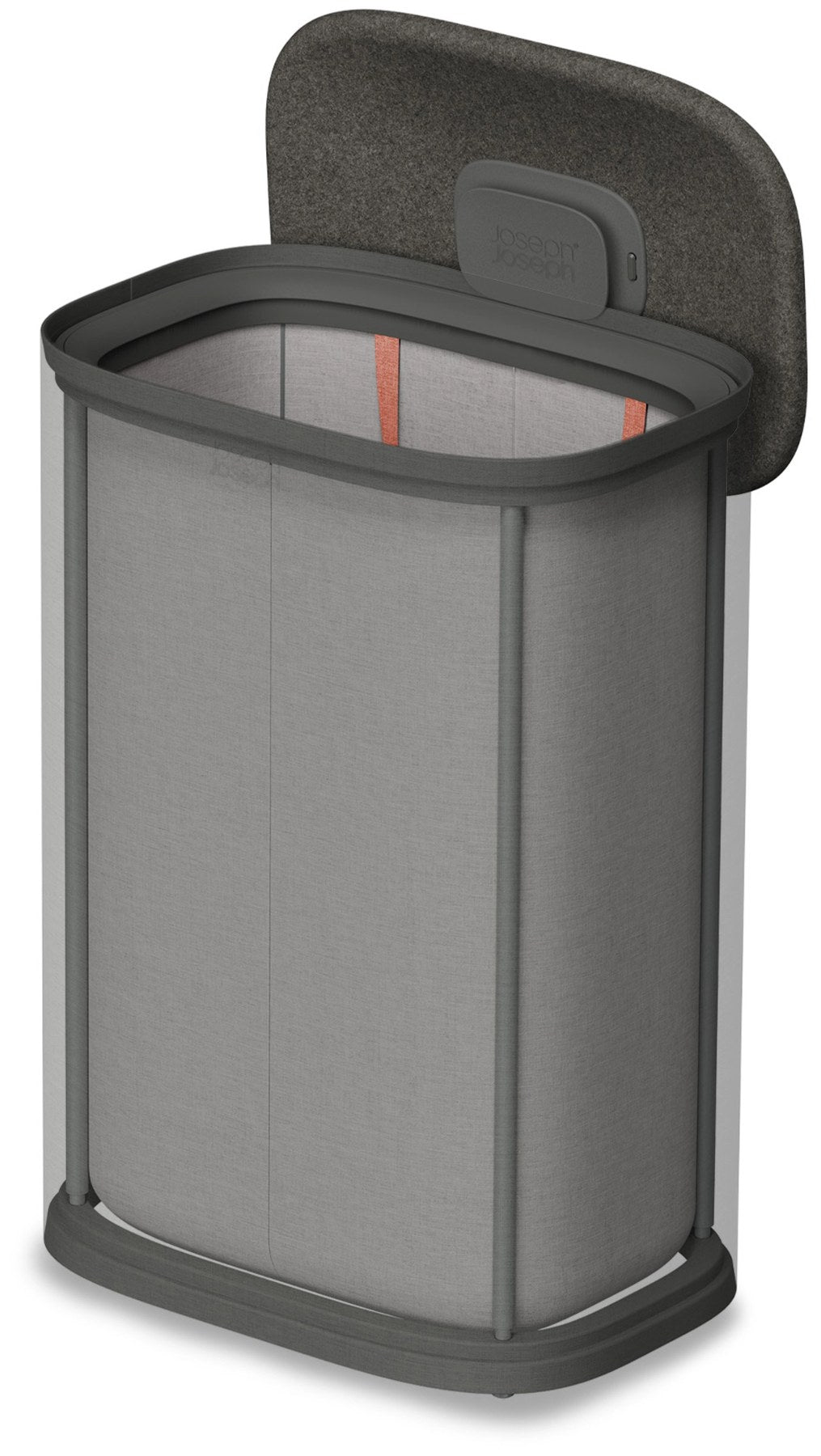 Grauer Wäschetrennkorb Tota One 60l von Joseph Joseph mit seitlichem Filzdeckel und herausnehmbarer Tragetasche für die Wäsche.