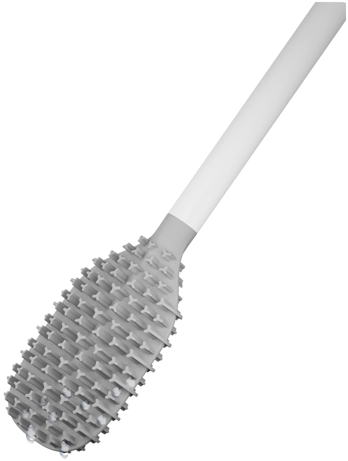 Weisse WC-Bürste Flex TriBlade von Joseph Joseph mit passendem geschlossenem Halter, schlanke Form, glänzende Oberfläche, freistehend im Badezimmer.