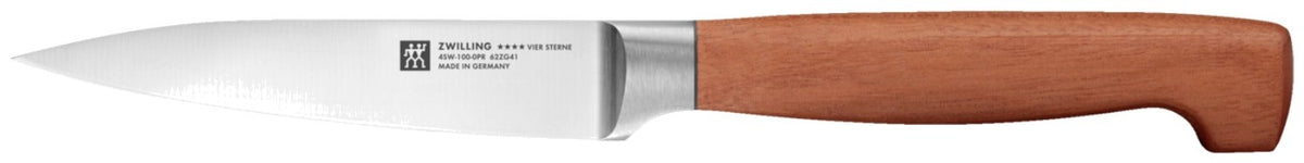 Zwilling Vier Sterne Wood Schälmesser 10 cm in Braun mit Kotibé-Holzgriff und schmaler, kurzer Klinge, freigestellt fotografiert.