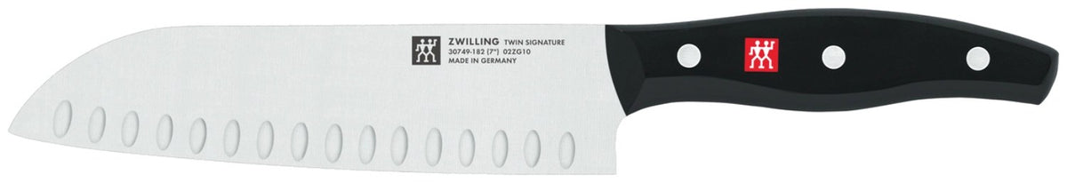 Zwilling Signature Santoku Messer mit 18 cm Klinge aus Edelstahl, Griff im Drei-Nieten-Design, mehrfarbig, Ansicht von Klinge und Griff.
