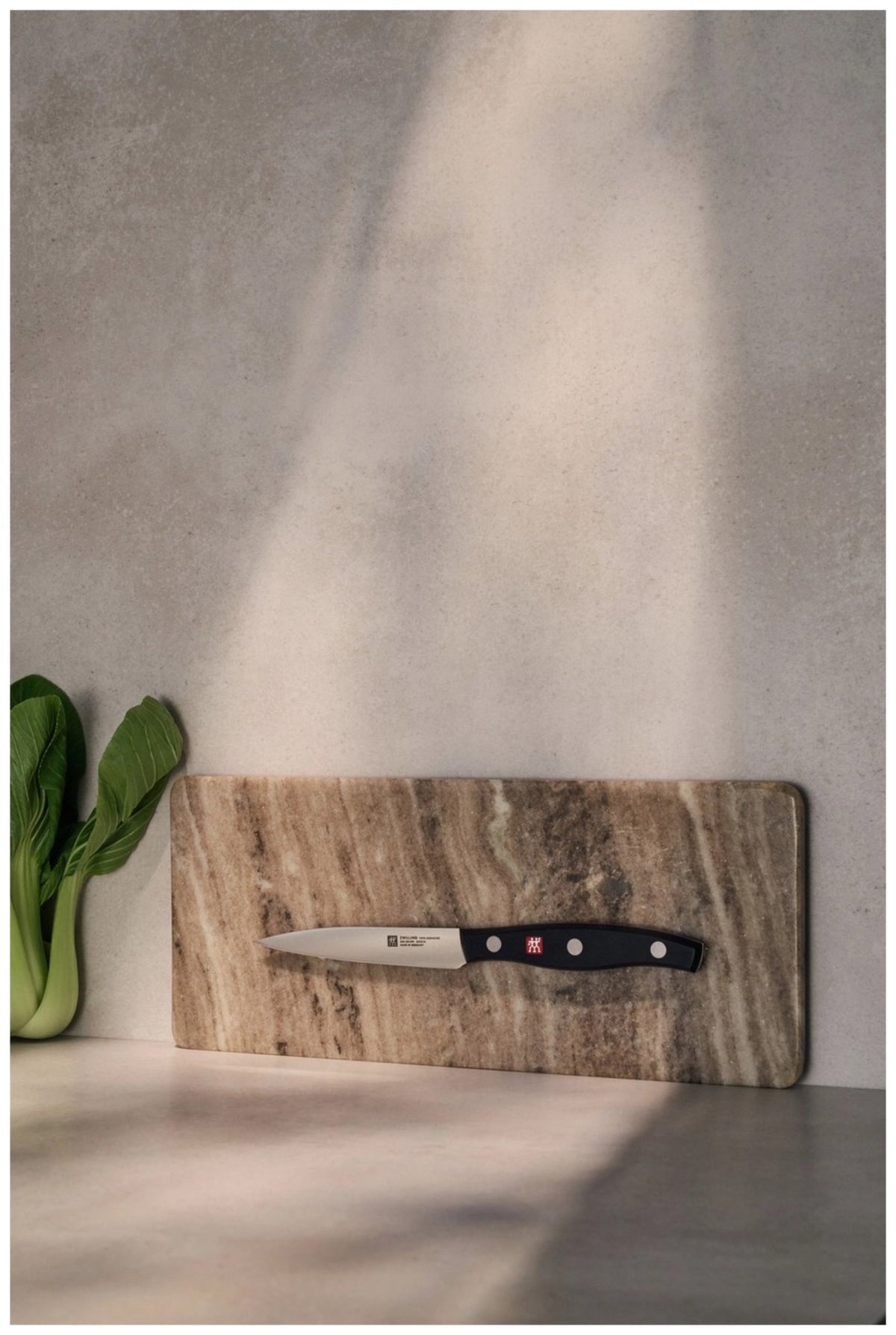 Zwei Küchenmesser von Zwilling: ein Spick- und Garniermesser sowie ein Santokumesser mit Edelstahlklinge und Griff im Drei-Nieten-Design.
