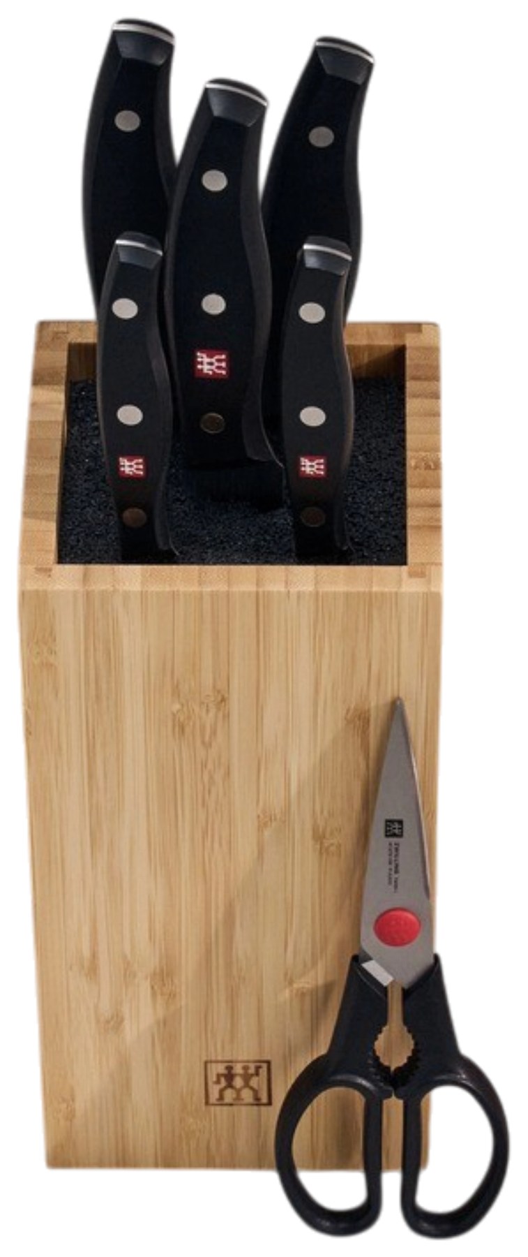 Zwilling Signature Messerblock aus Birkenholz mit fünf Edelstahlmessern, Vielzweckschere und Tranchiermesser, Griffe im Drei-Nieten-Design.