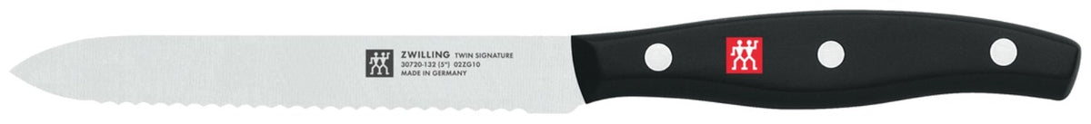 Zwilling Signature Messerblock aus Birkenholz mit fünf Edelstahlmessern, Vielzweckschere und Tranchiermesser, Griffe im Drei-Nieten-Design.