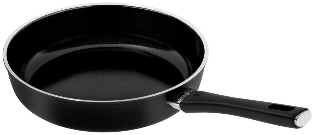 Schwarze Aluminium-Bratpfanne von Zwilling mit Keramikbeschichtung, Griff und Temperaturanzeige, Modell Lumotion Schmorpfanne 28cm, Draufsicht.