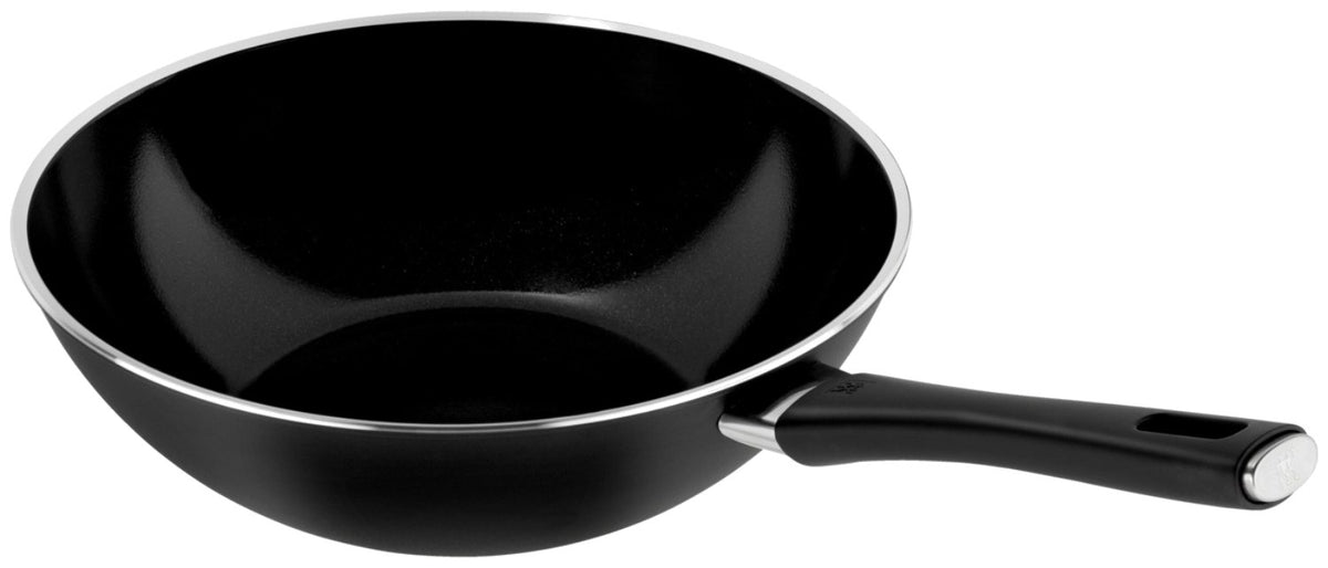 Schwarze Zwilling Lumotion Bratpfanne 30cm aus Aluminium mit Keramikbeschichtung, Draufsicht auf die runde Pfanne mit Griff.