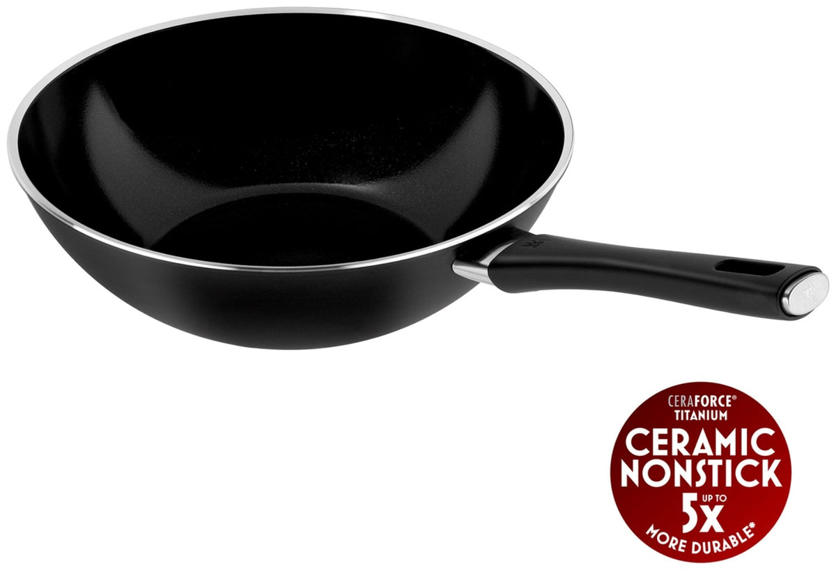 Schwarze Zwilling Lumotion Bratpfanne 30cm aus Aluminium mit Keramikbeschichtung, Draufsicht auf die runde Pfanne mit Griff.