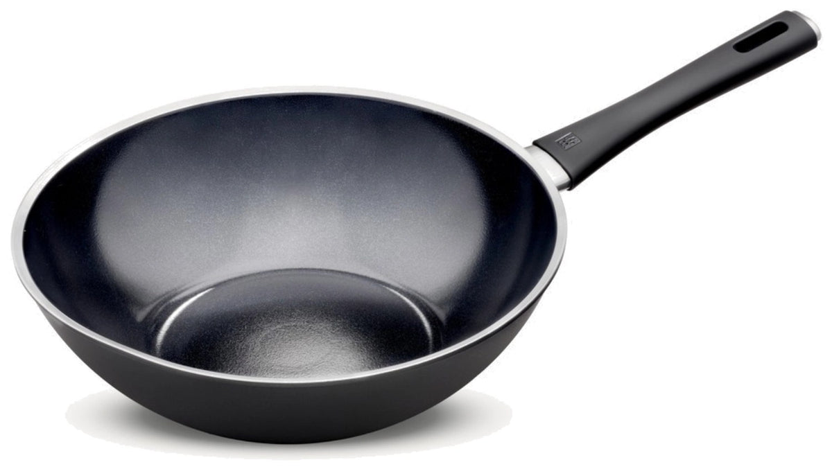 Schwarze Zwilling Lumotion Bratpfanne 30cm aus Aluminium mit Keramikbeschichtung, Draufsicht auf die runde Pfanne mit Griff.