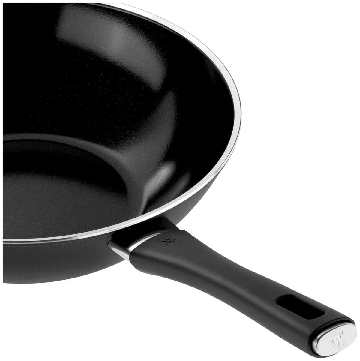 Schwarze Zwilling Lumotion Bratpfanne 30cm aus Aluminium mit Keramikbeschichtung, Draufsicht auf die runde Pfanne mit Griff.