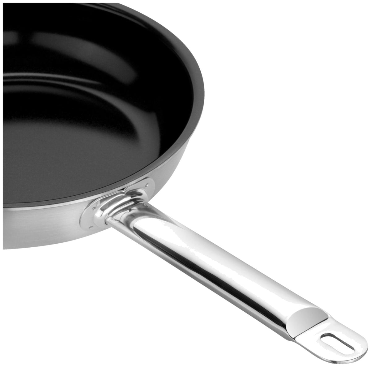 Zwilling PRO Bratpfanne mit 20 cm Durchmesser, silberfarbenem Edelstahlkörper und schwarzer Keramik-Antihaftbeschichtung im Innenbereich der Pfanne.