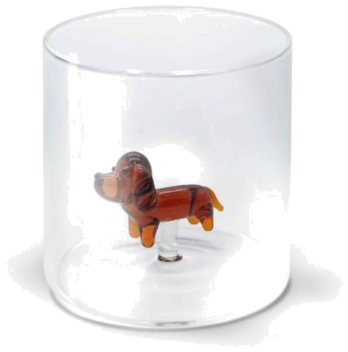 Transparente Karaffe aus Borosilikatglas mit Dackel-Dekor, 250 ml, Masse 8x8x8 cm, von Easy Life, auf hellem Hintergrund fotografiert.