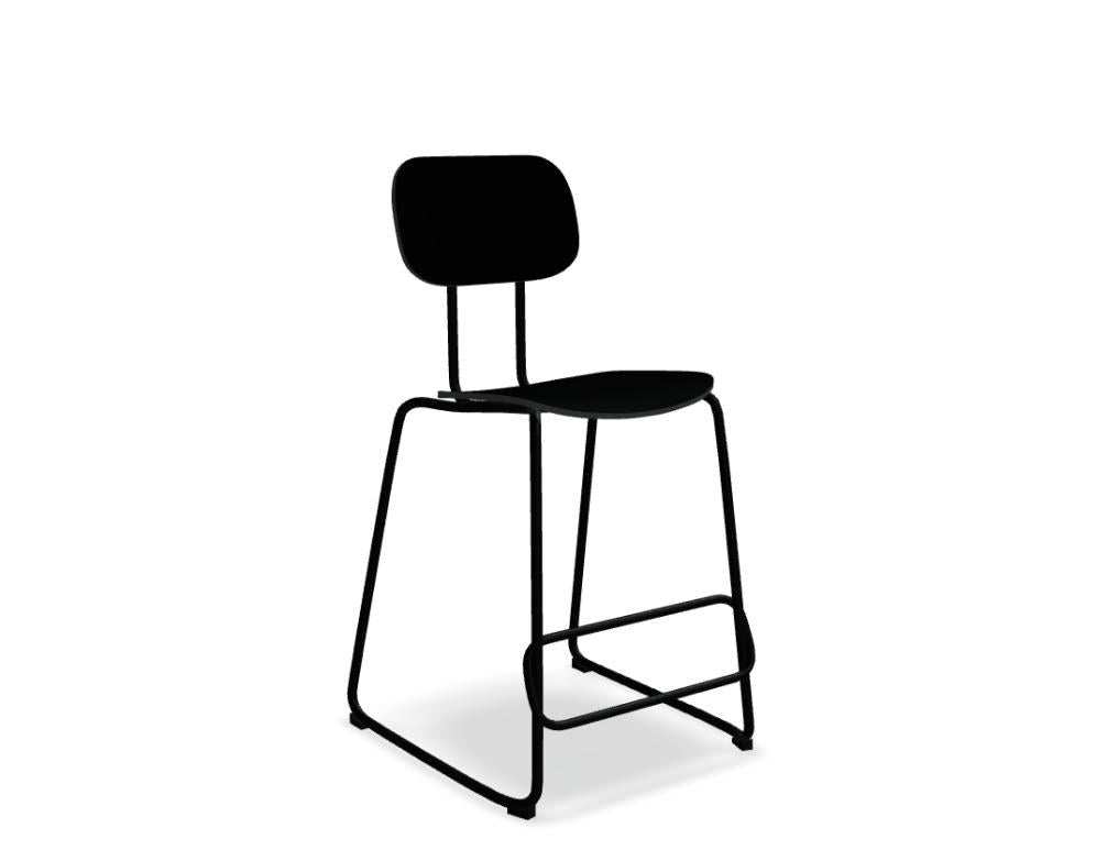 Barhocker New School aus blauem Sperrholz mit pulverbeschichtetem Metallgestell, Freischwinger-Form und integrierter Fussstütze.