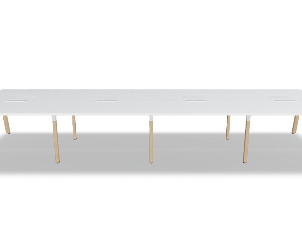 Doppelschreibtisch Ogi B Bench mit weisser Melaminplatte und Gestell aus natürlichem Buchenholz, zwei Arbeitsplätze nebeneinander.