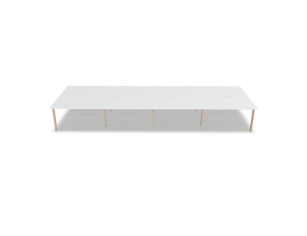 Doppelschreibtisch Ogi B Bench mit weisser Melaminplatte und Gestell aus natürlichem Buchenholz, zwei Arbeitsplätze nebeneinander.