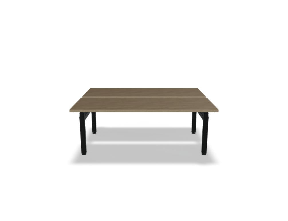 Doppelschreibtisch Ogi Drive Bench in Honigeiche mit schwarzem Metallgestell, zwei Teleskopsäulen und Bedienfeldern für Höhenverstellung.