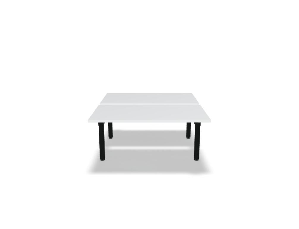 Doppelschreibtisch Ogi Drive Bench in Honigeiche mit schwarzem Metallgestell, zwei Teleskopsäulen und Bedienfeldern für Höhenverstellung.