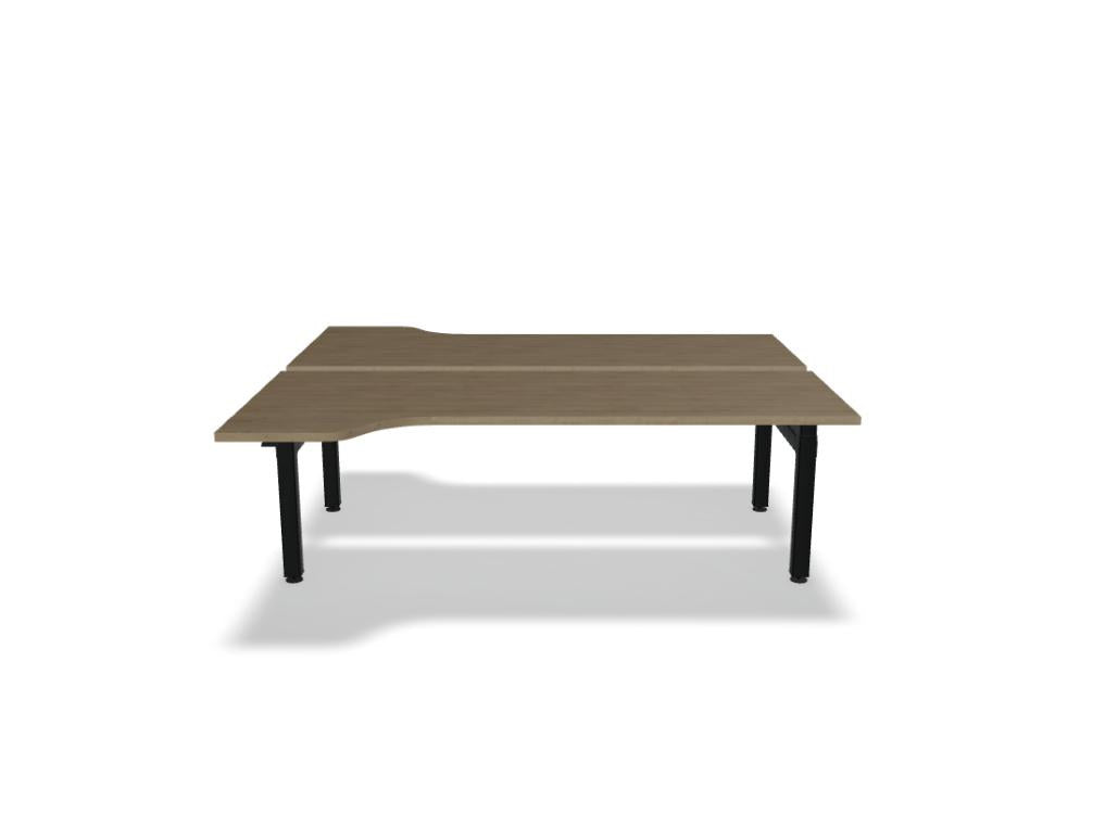 Doppelschreibtisch Ogi Drive Bench in Honigeiche mit schwarzem Metallgestell, zwei Teleskopsäulen und Bedienfeldern für Höhenverstellung.
